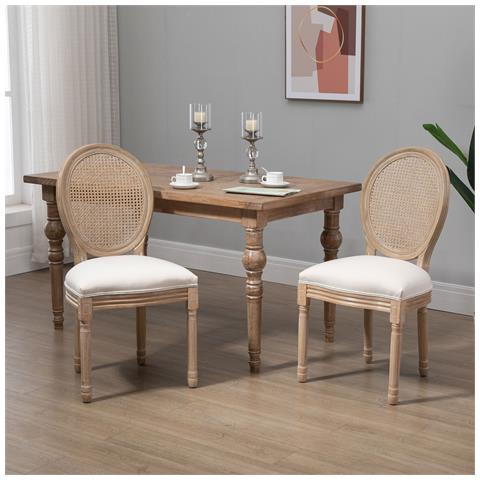 Set 2 Sedie Per Soggiorno In Stile Vintage Con Schienale Traforato, In Legno E Tessuto, 49x56x96cm, Bianco Crema - Foto 2