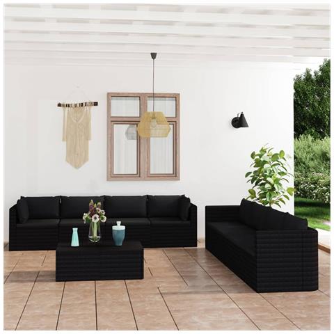 Lusso Casadino -  Set Divani Da Giardino 9 Pz Con Cuscini In Polyrattan Nero - Foto 7