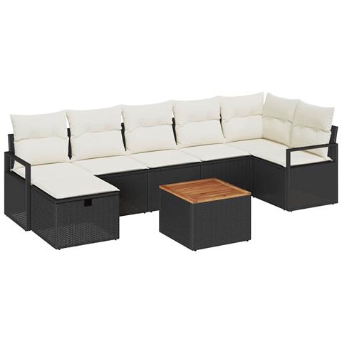 Set di Divani da Giardino 8 Pezzi con Cuscini Nero Polyrattan, Divano da Giardino 2 Posti con Scaffale e Cuscini Nero Polyrattan - Foto 1