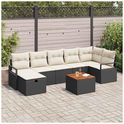 Set di Divani da Giardino 8 Pezzi con Cuscini Nero Polyrattan, Divano da Giardino 2 Posti con Scaffale e Cuscini Nero Polyrattan - Foto 2