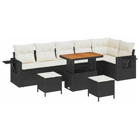 Set Divano Giardino 9 Pezzi con Cuscini Nero Rattan Polietilene Acacia, Set Pranzo Giardino 3 Pezzi con Cuscini Nero Rattan Polietilene Acacia - Foto 1