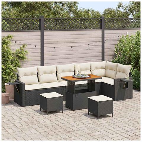 Set Divano Giardino 9 Pezzi con Cuscini Nero Rattan Polietilene Acacia, Set Pranzo Giardino 3 Pezzi con Cuscini Nero Rattan Polietilene Acacia - Foto 2