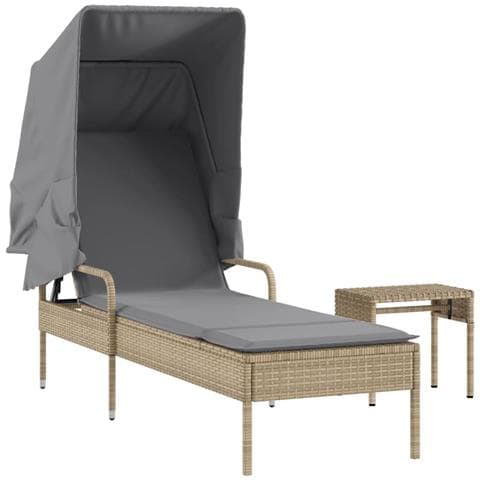 Lettino Prendisole con Baldacchino e Tavolino Beige Polyrattan - Foto 1