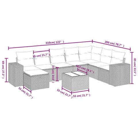 Set Divano da Giardino 9pz con Cuscini Grigio Chiaro Polyrattan - Foto 4