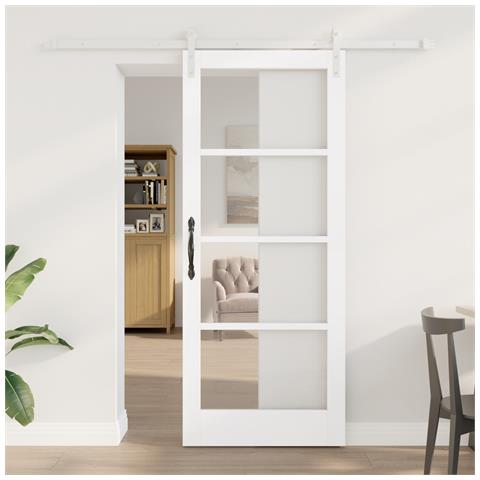 Porta Scorrevole con Set di Fissaggi 'ORKDAL'Legno Massello Bianco e Vetro - Foto 2