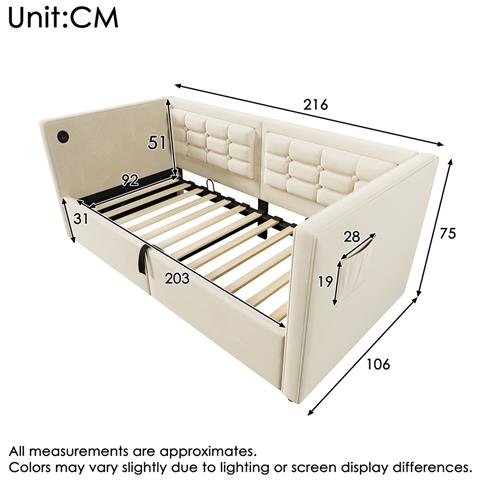 Divano Letto Imbottito 90x200 Cm, Divano Letto Singolo Con Contenitore Idraulico E Stazione Di Ricarica Usb & Type-c, Letto Extra Con Rete A Doghe In Legno, Beige, Velluto, Senza Materasso - Foto 2