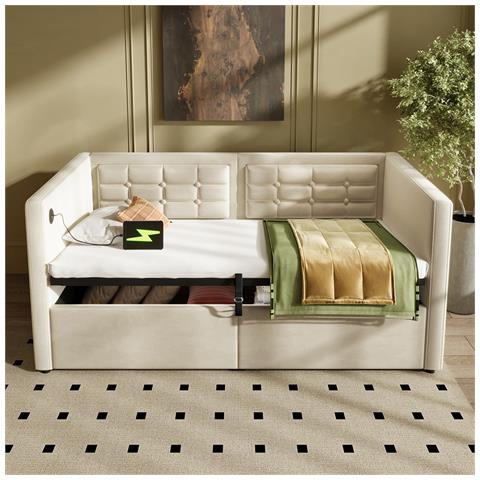 Divano Letto Imbottito 90x200 Cm, Divano Letto Singolo Con Contenitore Idraulico E Stazione Di Ricarica Usb & Type-c, Letto Extra Con Rete A Doghe In Legno, Beige, Velluto, Senza Materasso - Foto 1