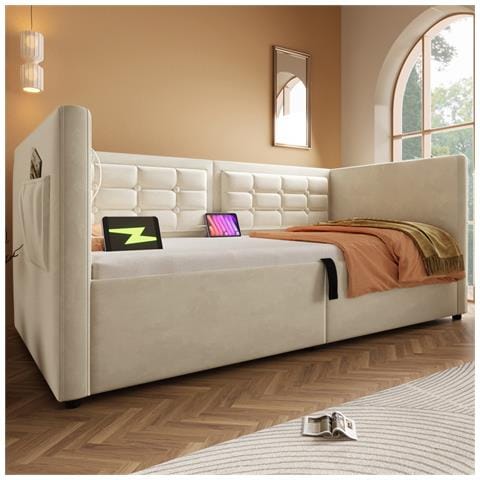 Divano Letto Imbottito 90x200 Cm, Divano Letto Singolo Con Contenitore Idraulico E Stazione Di Ricarica Usb & Type-c, Letto Extra Con Rete A Doghe In Legno, Beige, Velluto, Senza Materasso - Foto 4