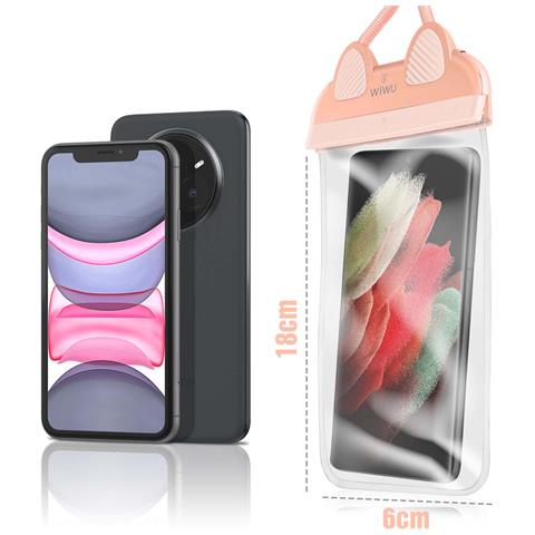 Custodia Impermeabile Ipx8 Per Telefono Da 7"" Design Orecchie Di Gatto, Rosa - Foto 5