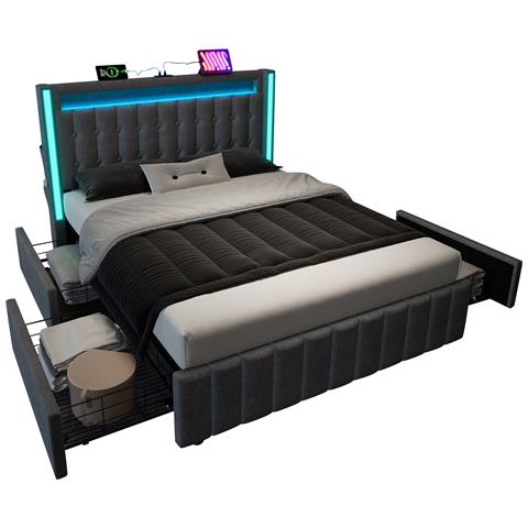 Letto Moderno Grigio Con Porta Usb, Led E Quattro Cassetti, Perfetto Per Adolescenti - Foto 1