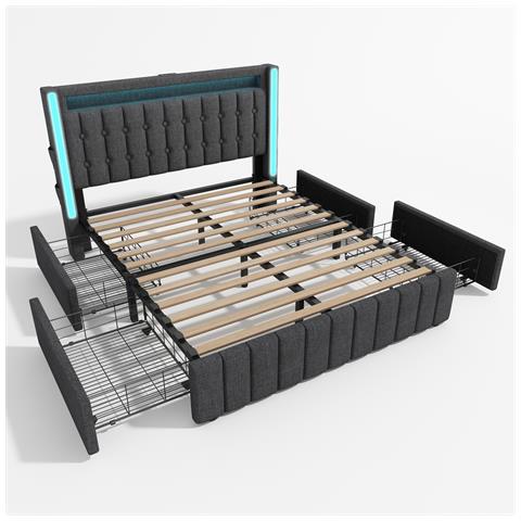 Letto Moderno Grigio Con Porta Usb, Led E Quattro Cassetti, Perfetto Per Adolescenti - Foto 2