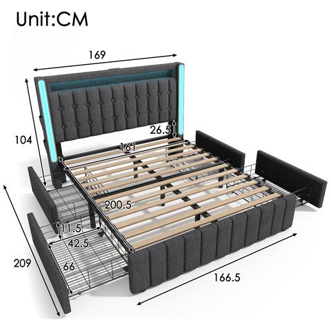 Letto Moderno Grigio Con Porta Usb, Led E Quattro Cassetti, Perfetto Per Adolescenti - Foto 3