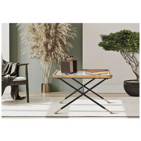 Tavolino Da Caffè Saint Barth Rettangolare Con Vetro, Ferro E Rattan — 70x50x45 Cm - Foto 8