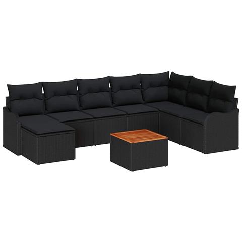 Set Divano Giardino  9 Pezzi con Cuscini Nero Rattan Poly Acacia, Divano Giardino  2 Posti con Cuscini Nero Rattan Poly - Foto 1