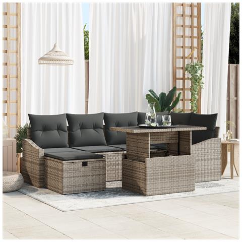 Set di Divani da Giardino a 7 Pezzi con Cuscini Grigio Rattan Sintetico - Foto 2