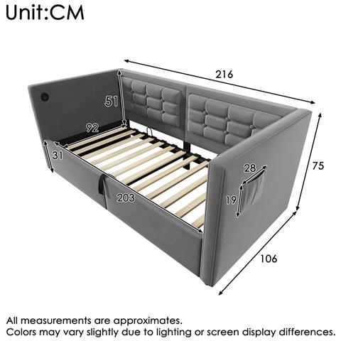 Divano Letto Imbottito 90x200 Cm, Divano Letto Singolo Con Contenitore Idraulico E Stazione Di Ricarica Usb & Type-c, Letto Extra Con Rete A Doghe In Legno, Grigio, Velluto, Senza Materasso - Foto 2