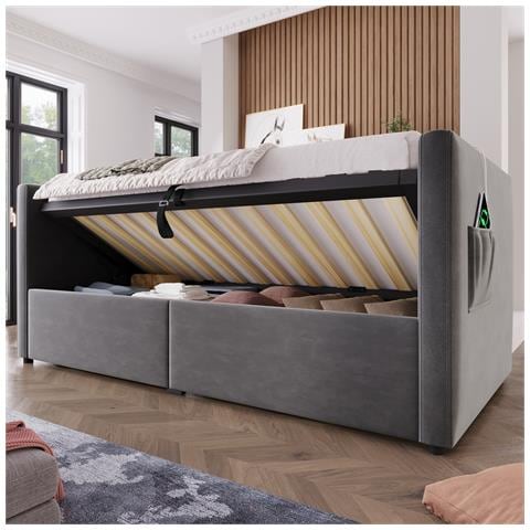 Divano Letto Imbottito 90x200 Cm, Divano Letto Singolo Con Contenitore Idraulico E Stazione Di Ricarica Usb & Type-c, Letto Extra Con Rete A Doghe In Legno, Grigio, Velluto, Senza Materasso - Foto 1