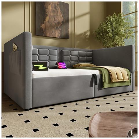 Divano Letto Imbottito 90x200 Cm, Divano Letto Singolo Con Contenitore Idraulico E Stazione Di Ricarica Usb & Type-c, Letto Extra Con Rete A Doghe In Legno, Grigio, Velluto, Senza Materasso - Foto 4