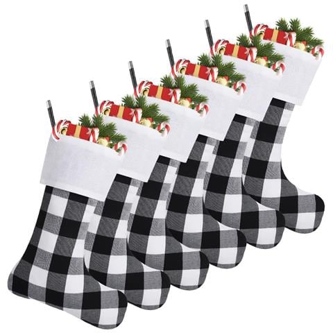 Set Di 6 Calze Natalizie A Quadri Per Natale 46cm Bianco E Nero - Foto 1
