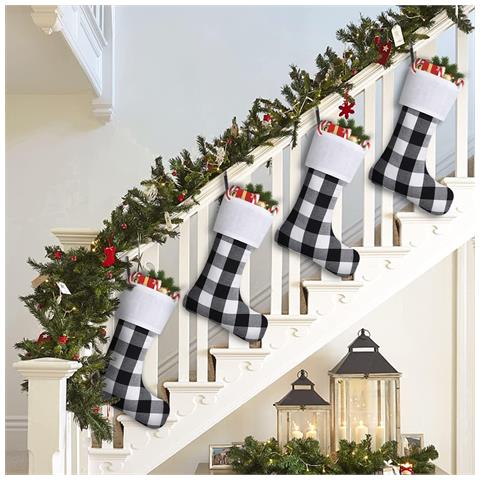 Set Di 6 Calze Natalizie A Quadri Per Natale 46cm Bianco E Nero - Foto 2