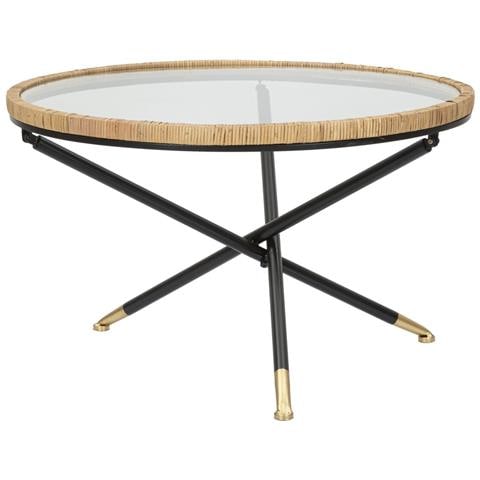 Tavolino Da Caffè Rotondo Saint Barth Con Piano In Vetro, Ferro E Rattan — Ø 80x46,5 Cm - Foto 1