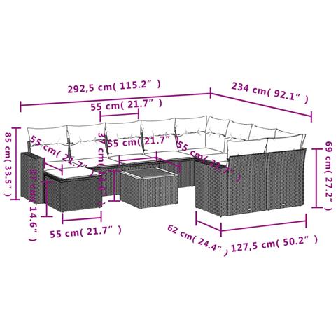 Set Divani da Giardino 11 pz con Cuscini in Polyrattan Grigio - Foto 3