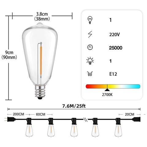 Catena Luminosa Led 7.6m Con 10 Lampadine Di Ricambio - Spina Ue (220v) - Nera, Illuminazione Decorativa Per Esterni - Foto 2