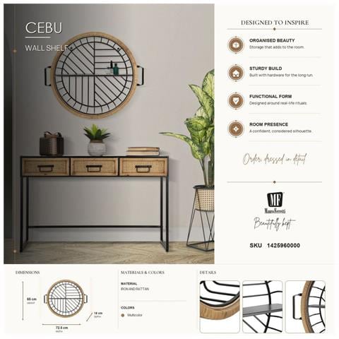Mensola Da Muro Cebu A 2 Ripiani In Ferro E Rattan — 72,5x18x65 Cm - Foto 8