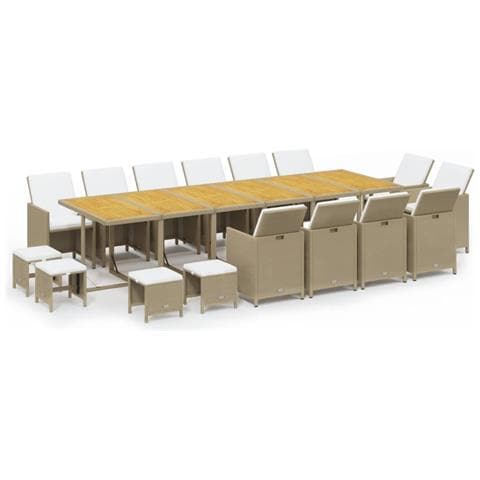 Set Da Pranzo Per Giardino 17pz Con Cuscini In Polyrattan Beige - Foto 1