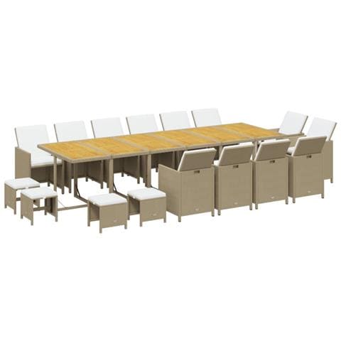 Set Da Pranzo Per Giardino 17pz Con Cuscini In Polyrattan Beige - Foto 10