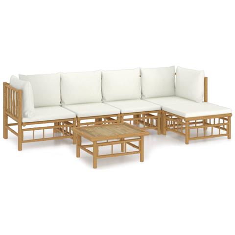 Set Salotto Da Giardino 6pz Con Cuscini Bianco Crema In Bambù - Foto 1