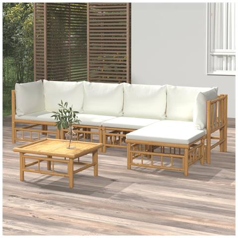 Set Salotto Da Giardino 6pz Con Cuscini Bianco Crema In Bambù - Foto 8