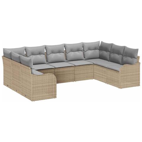 Set di divani da giardino  9 pezzi con cuscini Beige Polirattan, Divano da giardino  2 posti con cuscini Beige Polirattan - Foto 1