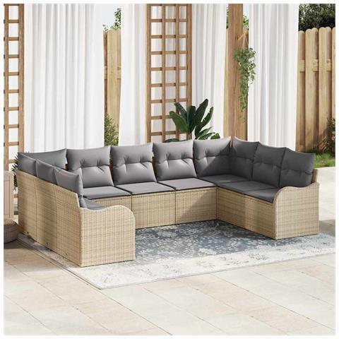 Set di divani da giardino  9 pezzi con cuscini Beige Polirattan, Divano da giardino  2 posti con cuscini Beige Polirattan - Foto 2