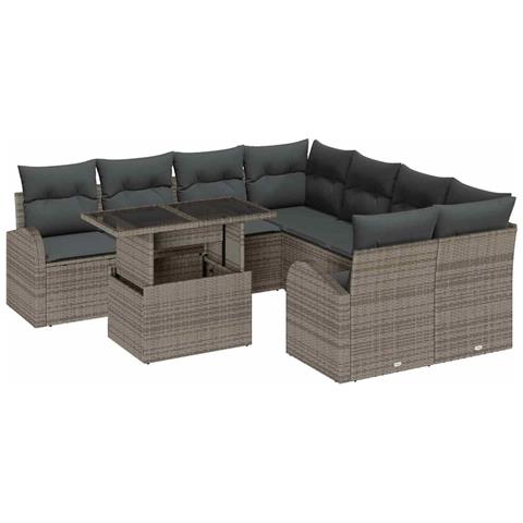 Set di Sofà da Giardino da 9 Pezzi con Cuscini Grigio Rattan Polimero - Foto 1