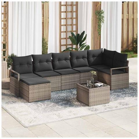 Set Divano da Giardino 7 Pezzi con Cuscini Rattan Polirattan Nero, Divano da Giardino 2 Posti con Cuscini Rattan Polirattan Grigio - Foto 2