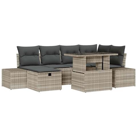 Set Divano da Giardino a 7 Pezzi con Cuscini Grigio Chiaro in Polyrattan - Foto 1