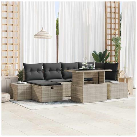 Set Divano da Giardino a 7 Pezzi con Cuscini Grigio Chiaro in Polyrattan - Foto 2