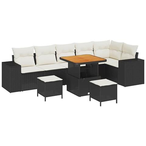 Set Divano Giardino  9 Pezzi con Cuscini Polyrattan Nero e Acacia, Set da Pranzo Giardino  3 Pezzi con Cuscini Polyrattan Nero e Acacia - Foto 1