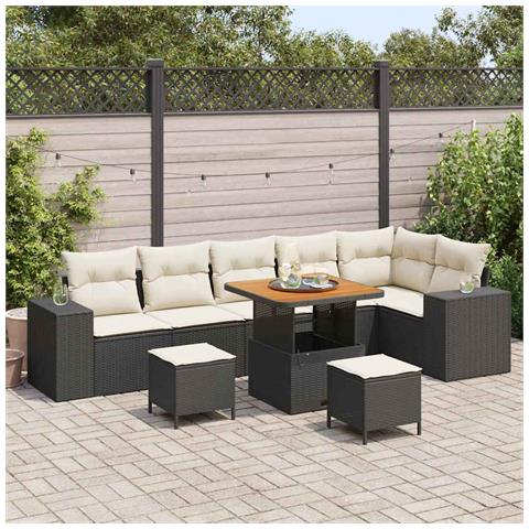 Set Divano Giardino  9 Pezzi con Cuscini Polyrattan Nero e Acacia, Set da Pranzo Giardino  3 Pezzi con Cuscini Polyrattan Nero e Acacia - Foto 2