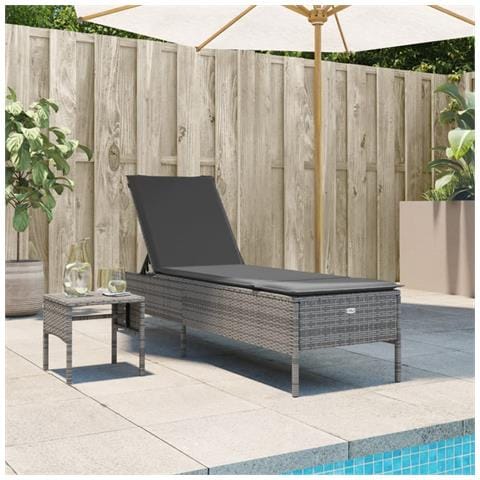 Lettino Prendisole con Tavolo e Cuscino Grigio in Polyrattan - Foto 2