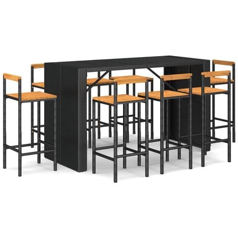 Set Bar Giardino 9 pz Nero Polyrattan e Legno Massello Acacia - Foto 1