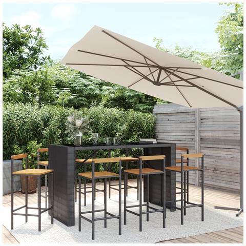 Set Bar Giardino 9 pz Nero Polyrattan e Legno Massello Acacia - Foto 2