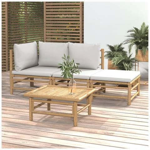 Set Salotto da Giardino 4pz con Cuscini Grigio Chiaro Bambù - Foto 2