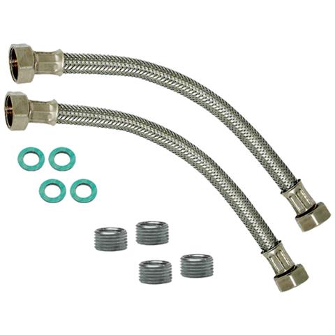 Flessibile In Treccia Di Fili D'acciaio Inox, Guaina Interna In Tubo Di Gomma Resistente Fino A 100ã¸, Attacchi 1/2"" Femmina X 1/2"" Femmina, Con 4 Riduzioni 3/8"" - 1/2"" E Guarnizioni. Misura Cm. 25 - Foto 1