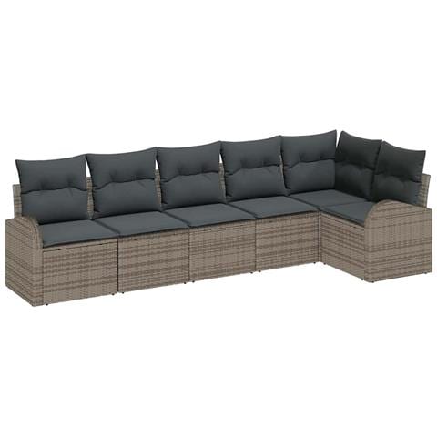 Set divano da giardino 6 pezzi con cuscini rattan poliestere grigio, Divano da giardino 2 posti con spazio di stoccaggio e cuscini rattan poliestere grigio - Foto 1