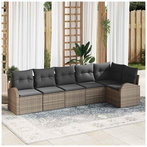 Set divano da giardino 6 pezzi con cuscini rattan poliestere grigio, Divano da giardino 2 posti con spazio di stoccaggio e cuscini rattan poliestere grigio - Foto 2