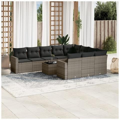 Set Divani da Giardino 11 pz con Cuscini in Polyrattan Grigio - Foto 2