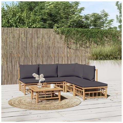 Set Salotto da Giardino 6pz con Cuscini Grigio Scuro Bambù - Foto 2