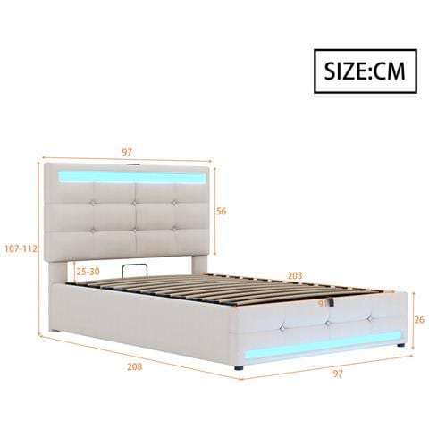 Letto Imbottito Idraulico 90x200cm, Letto Singolo, Letto Contenitore Con Usb E Luce Led Cambia Colore, Lino, Beige - Foto 2